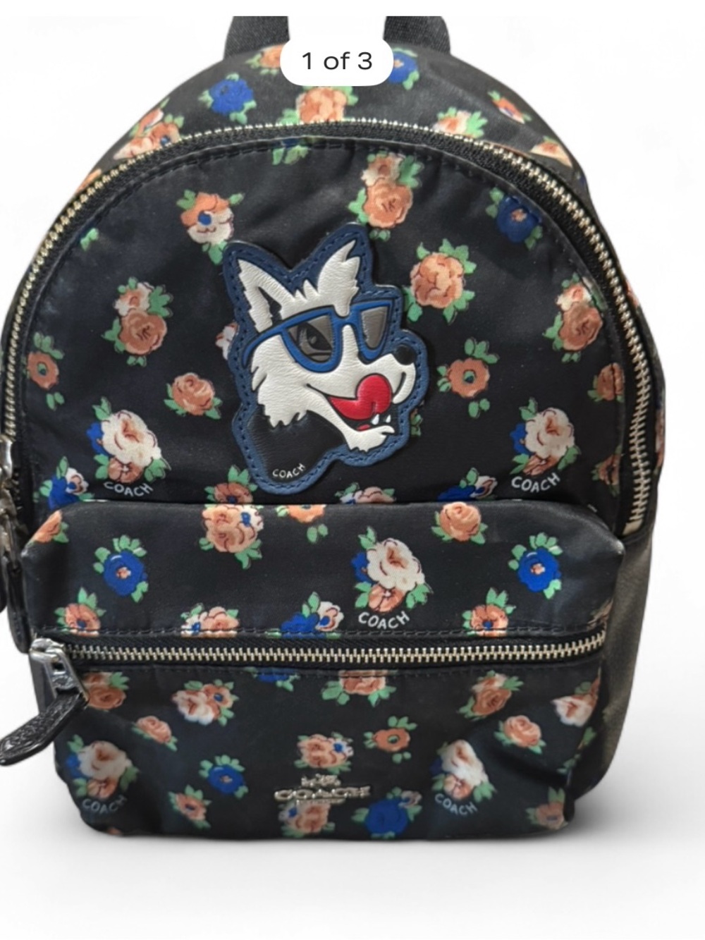 Coach Black Floral Wolf Patch Mini Backpack